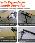 Product image of Rock Solid Adjustable Roller Stand Support Two Pack Heavy Steel Frame Portable Woodworking Extension in use with stable support.