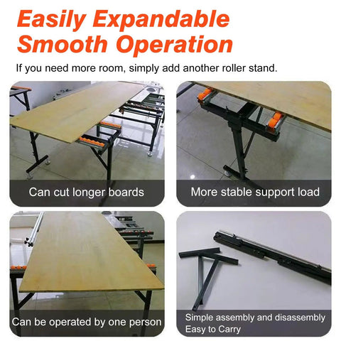 Product image of Rock Solid Adjustable Roller Stand Support Two Pack Heavy Steel Frame Portable Woodworking Extension in use with stable support.