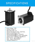 Two BESJMYT NEMA 23 bipolar stepper motors, 100mm long, black housing with visible shafts (front and side views).