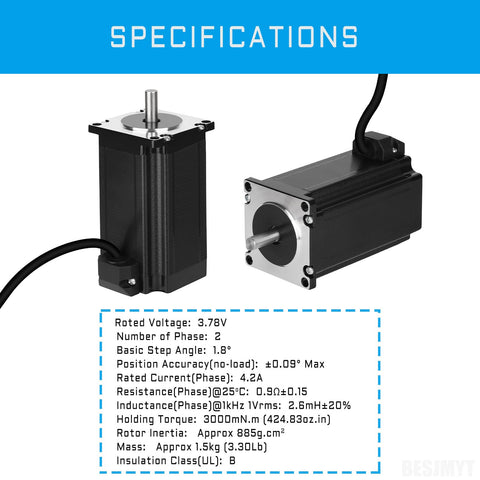 Two BESJMYT NEMA 23 bipolar stepper motors, 100mm long, black housing with visible shafts (front and side views).