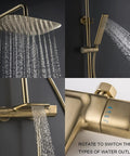 Slick Wall Mounted Thermostatic Shower System Featuring A Smooth Waterfall Tub Spout And Heavy Duty Rain Shower Head Paired With An Easy Grip Handheld Sprayer For Top Notch Bathroom Upgrades showing shower head and handheld sprayer.