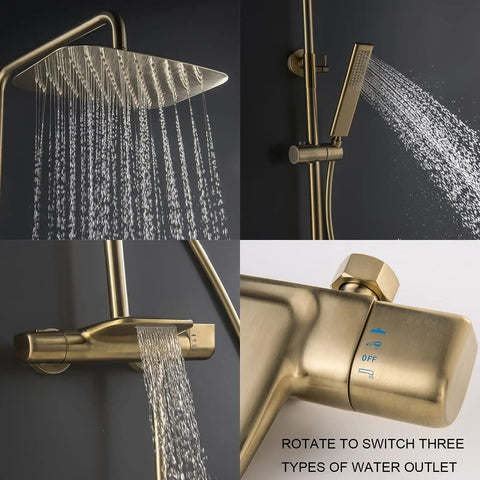 Slick Wall Mounted Thermostatic Shower System Featuring A Smooth Waterfall Tub Spout And Heavy Duty Rain Shower Head Paired With An Easy Grip Handheld Sprayer For Top Notch Bathroom Upgrades showing shower head and handheld sprayer.