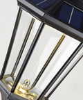 Close-up of Solar Post Lights With 3-Inch Base Adapter, Aluminum Pillar Lamp With Clear Glass showing solar panel and bulb.
