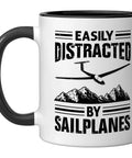 Glider Pilot Ceramic Mug For Sailplane Lovers Black And White Aviation Enthusiast Coffee Cup Durable Stoneware Gift For Flying Junkies And Glider Hobbyists with sailplane graphic and text 'Easily Distracted By Sailplanes'