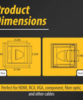 Product dimensions schematic for recessed low voltage media wall plate with built in duplex outlet and cable management in white.