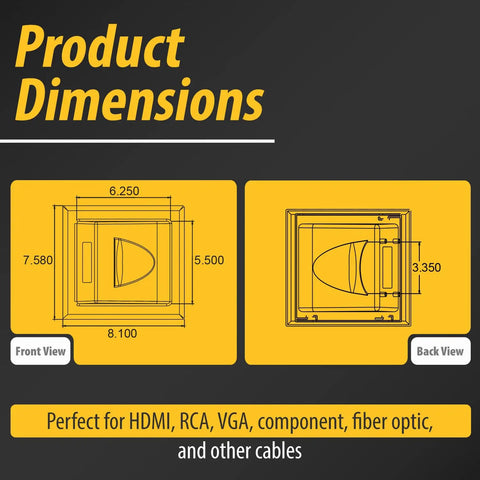 Product dimensions schematic for recessed low voltage media wall plate with built in duplex outlet and cable management in white.