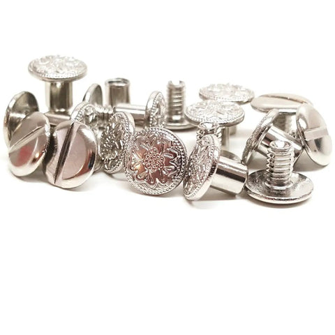 Heavy Duty Quarter Inch Chicago Screws 10 Pack Nickel Plated Floral Engraved Turnbuckle Fasteners close-up view.