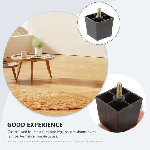 Square black metal and plastic furniture leg for sofa and cabinet, shown in living room setting