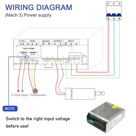Wiring diagram for Mach 3 power supply in CNC Spindle Motor Kit 500W ER11 Brushed With PSU, Rheostat, Spindle Clamp.