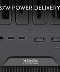 Kickstart Your Daily Hustle With This Professional Four Bay Docking Station Featuring Thunderbolt And USB C Ports For Lightning Fast Offloading Zero Lag Sync And A Rock Solid Gray Chassis That Secures Your Entire Gear Setup showing 87W power delivery ports.