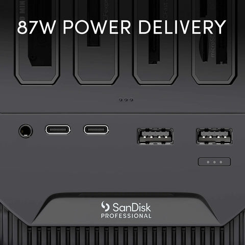 Kickstart Your Daily Hustle With This Professional Four Bay Docking Station Featuring Thunderbolt And USB C Ports For Lightning Fast Offloading Zero Lag Sync And A Rock Solid Gray Chassis That Secures Your Entire Gear Setup showing 87W power delivery ports.