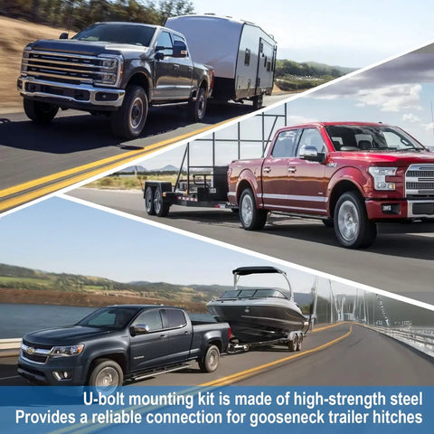 Trucks towing trailers with Replacement Safety Chain U-Bolt Kit For Gooseneck Hitches on sunny highway.