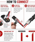 Diagram showing steps to use No-Strip Quick Connect Wire Connectors 50Pcs 2Pin Set With Locking Buckle For LED Strip Lights.