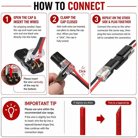 Diagram showing steps to use No-Strip Quick Connect Wire Connectors 50Pcs 2Pin Set With Locking Buckle For LED Strip Lights.