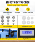 550W Mini Metal Lathe 7X14 Inch Benchtop Precision Gearhead with Digital Readout, showing metal gears and LCD display.