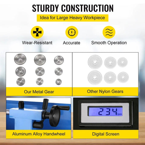 550W Mini Metal Lathe 7X14 Inch Benchtop Precision Gearhead with Digital Readout, showing metal gears and LCD display.