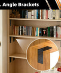 Shop Grade Tough As Nails Steel Angle Bracket 3 By 3 By 1.5 Inch Ninety Degree L Corner Brace used to support shelves in a wooden bookcase.