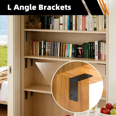 Shop Grade Tough As Nails Steel Angle Bracket 3 By 3 By 1.5 Inch Ninety Degree L Corner Brace used to support shelves in a wooden bookcase.