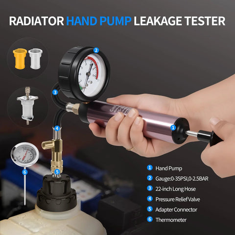 VTG VOGTEN coolant pressure tester kit for radiators with hand pump, gauge, 22-inch hose and adapters