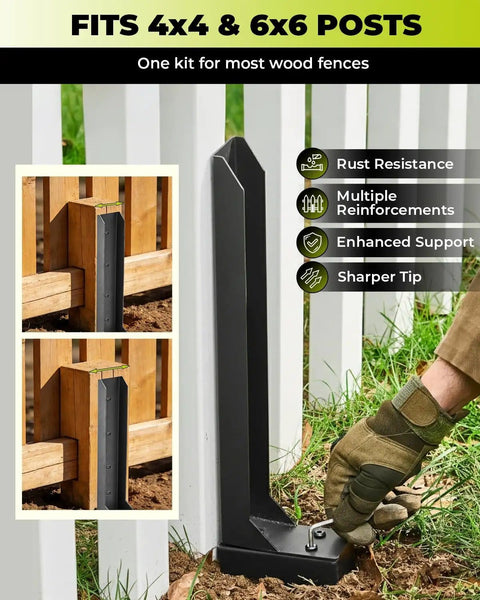 Heavy Duty Fence Post Repair Kit With Steel Post Anchor For Leaning Or Broken Posts No Dig No Hammer Install DIY Friendly Screw Fix Bracket with tool