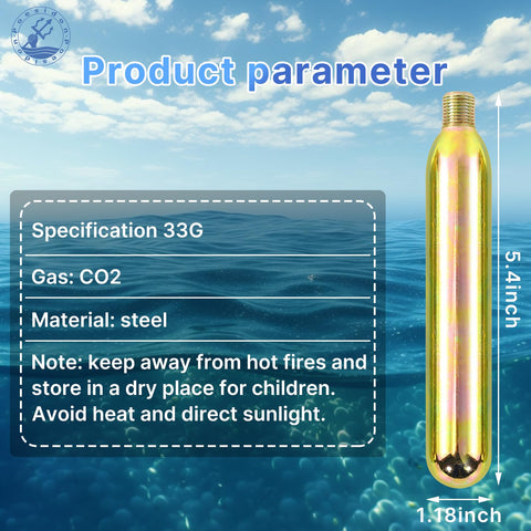 33 Gram CO2 Cartridge Rearming Kit For Inflatable Life Jackets With Half Inch Threaded Cylinders Rapid Inflation Compatible With 3042C And C3042C Includes Tough D Rings For Attaching Accessories shown with a product parameter overlay.