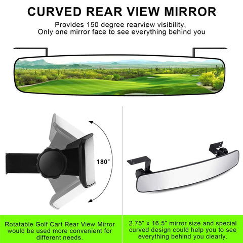 16.5 Inch Golf Cart Rear View Mirror With No Fuss 150 Degree Curved Design For EZGO Yamaha Club Car, landscape view