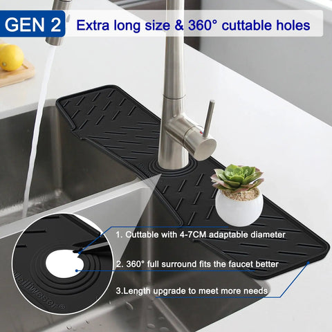Extended Silicone Faucet Splash Guard And Sink Overflow Mat With Integrated Sponge Rest And Rapid Drain Cutouts To Keep Your Kitchen Counter No Sweat And Always Looking Sharp In Rich Matte Black, 24x5.1 inch size.