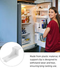 Woman opening fridge with White Plastic Fridge Shelf Clips Set Of 10 For Freezers And Refrigerators displayed in inset.