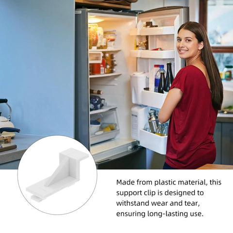 Woman opening fridge with White Plastic Fridge Shelf Clips Set Of 10 For Freezers And Refrigerators displayed in inset.