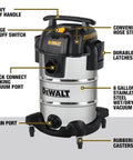 Heavy Duty 8 Gallon Wet Dry Shop Vacuum Featuring A Legit Powerhouse 5 Peak Horsepower Motor And Rear Blower Port For Crushing Workplace Debris And Liquid Spills Fast, showcasing stainless steel tank, durable handle, and quick connect port.