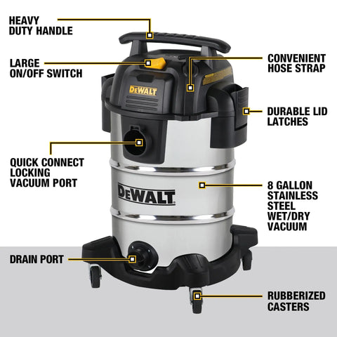 Heavy Duty 8 Gallon Wet Dry Shop Vacuum Featuring A Legit Powerhouse 5 Peak Horsepower Motor And Rear Blower Port For Crushing Workplace Debris And Liquid Spills Fast, showcasing stainless steel tank, durable handle, and quick connect port.