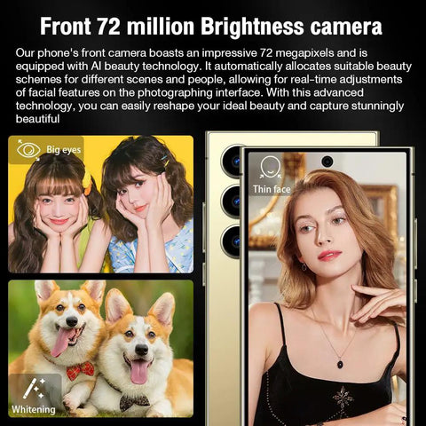 Crisp 6.8 Inch 5G Unlocked Android Cell Phone With S Pen 8GB Ram 512GB Storage Smartphone displaying AI camera features for selfies.