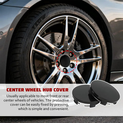 Top Notch 4 Pack Car Wheel Center Hub Covers, Tough ABS Snap In Hubcaps For Trucks Suv Pickup Rv, Universal Tight Fit For A Fresh Slick Ride Revamp Black on a shiny wheel.