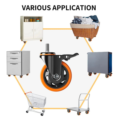 4 Inch Heavy Duty Caster Wheels Set Of 4 With Threaded Stem Half Inch Screw Diameter And One Inch Stem Length Each Caster Supports 500 Lbs For A Total Of 2000 Lbs Dual Locking Brakes Industrial Castors For Cart And Furniture used in various applications.