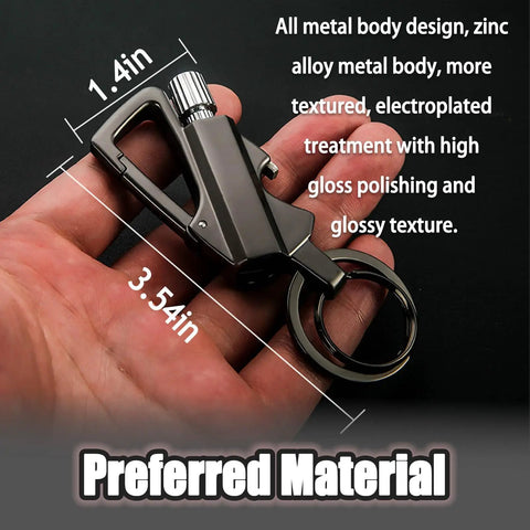 3-In-1 Lighter With Multitool Keychain And Bottle Opener In Silver held in hand, showing dimensions and metal body texture.