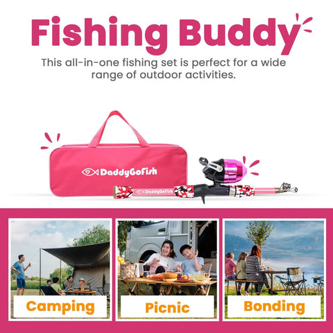 Kids Fishing Pole And Reel Combo Starter Set With Tackle Box And Carry Bag, Portable Telescopic Rod, Pre Spooled 8Lb Line, Pink