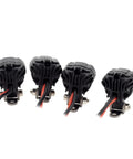 Bright LED Light Kit For RC Crawlers With Clover Style Spotlight For Axial SCX24 Traxxas TRX4M Redcat Ascent 18 And 1 18th To 1 24th Scale Rigs Includes Four Lights For Night Runs And Trail Fun. Four black clover-style lights with wires, rear view.