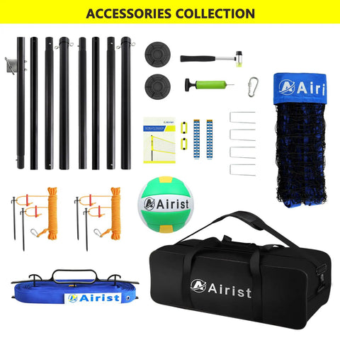 Heavy Duty Volleyball Net Set With Anti Sag System And Aluminum Poles Adjustable Height From Eight Feet To Seven Feet Eight Inches For Backyard Or Beach Play Includes Ball And Carrying Bag, showing components and net.