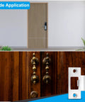 Sturdy Stainless Steel Door Strike Plate 2-3/4 Inch T Strike Backplate shown near a wooden door and a wooden surface installation view