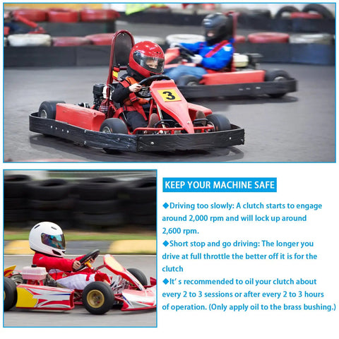 Racers in go-karts using Centrifugal Go Kart Clutch Three Quarter Bore Ten Tooth Sprocket With 40 41 Chain 96 Links.