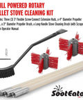 SootEater Pellet Stove Cleaning Kit with Flexible Rods, 3in and 4in Brushes, and Manual featuring rotary and long-handle tools.