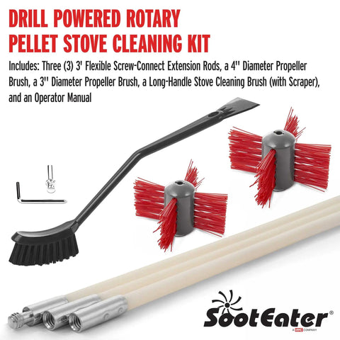 SootEater Pellet Stove Cleaning Kit with Flexible Rods, 3in and 4in Brushes, and Manual featuring rotary and long-handle tools.