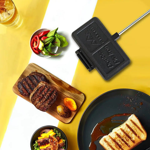 Double Pie Iron Sandwich Maker For Camping with cast iron, grilling steaks and sandwich on table, dual surface 8 by 4.4 inch cooker.