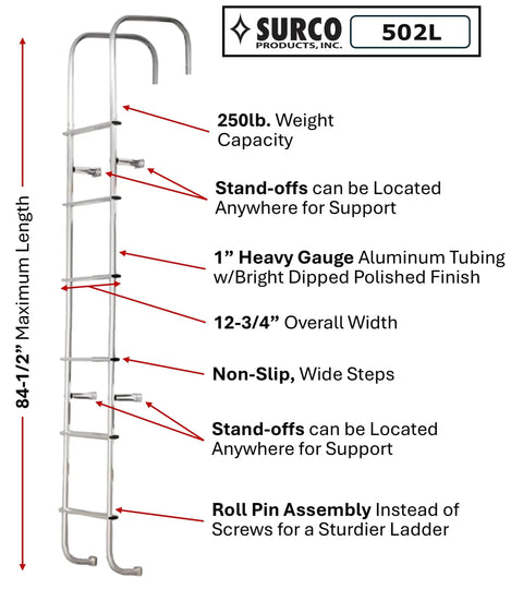 502L Universal Straight RV Exterior Ladder For All Motorhomes With Vertical Rear Panel, Aluminum Construction, Polished Finish, No Fuss Upper And Lower Mounts, Four Adjustable Stands, Fits Any Make Or Model. 84-1/2in max