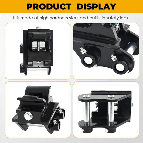 Mini Excavator Quick Change Hitch Coupler With 25mm Pin for 0.8 to 2 Ton Machines, viewed from multiple angles, made of steel