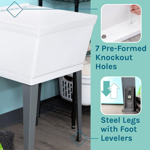 White Utility Sink With Pull Out Chrome Faucet And Sprayer For Laundry Room Basement Garage Or Shop, showing steel legs and foot levelers