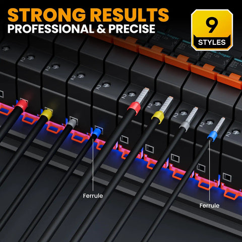 Self Adjusting Ferrule Crimp Tool Set For Wire Ferrules AWG 24 To 8 With 9 Insulated Ferrule Terminals connected with wires