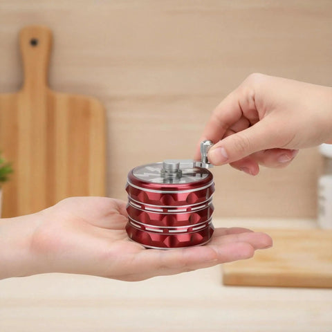 Person using Beast Of A Portable 2.5 Inch Hand Crank Grinder With Clear Top Cover, Large Aluminum Alloy Herb Grinder, in hand