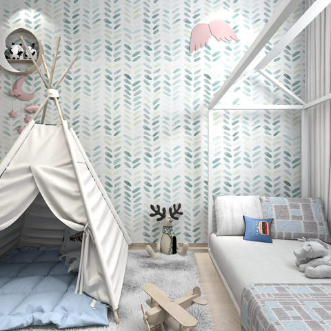 Get That Chill Nature Vibe With Green Herringbone Peel And Stick Wallpaper Featuring Soft Watercolor Style in a cozy kids room.