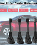Set Of 4 Ignition Coil Packs And Spark Plugs For Nissan Vehicles Altima Versa Sentra Rogue Cube NV200 2.5L 2.0L 1.8L 1.6L L4 Replaces UF549 9029 Fits 2007 2018 Nissan Models image with OE part numbers in background.